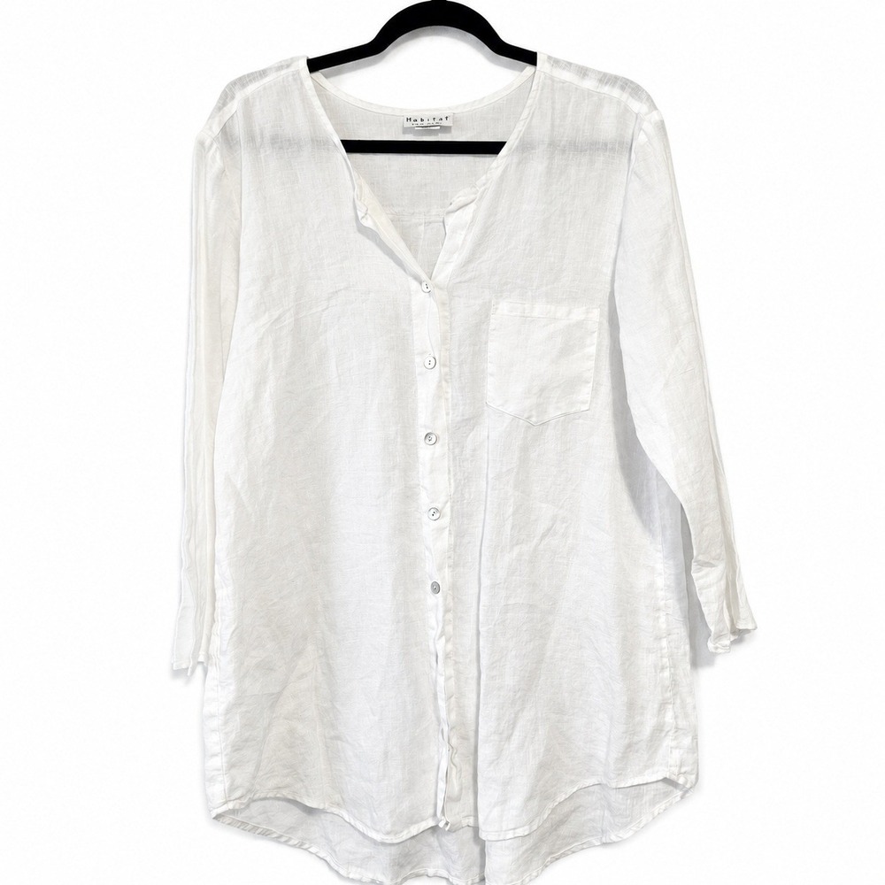 Habitat Button Up Top Womens M White 100% Linen USA Made Boho Coastal Minimalist